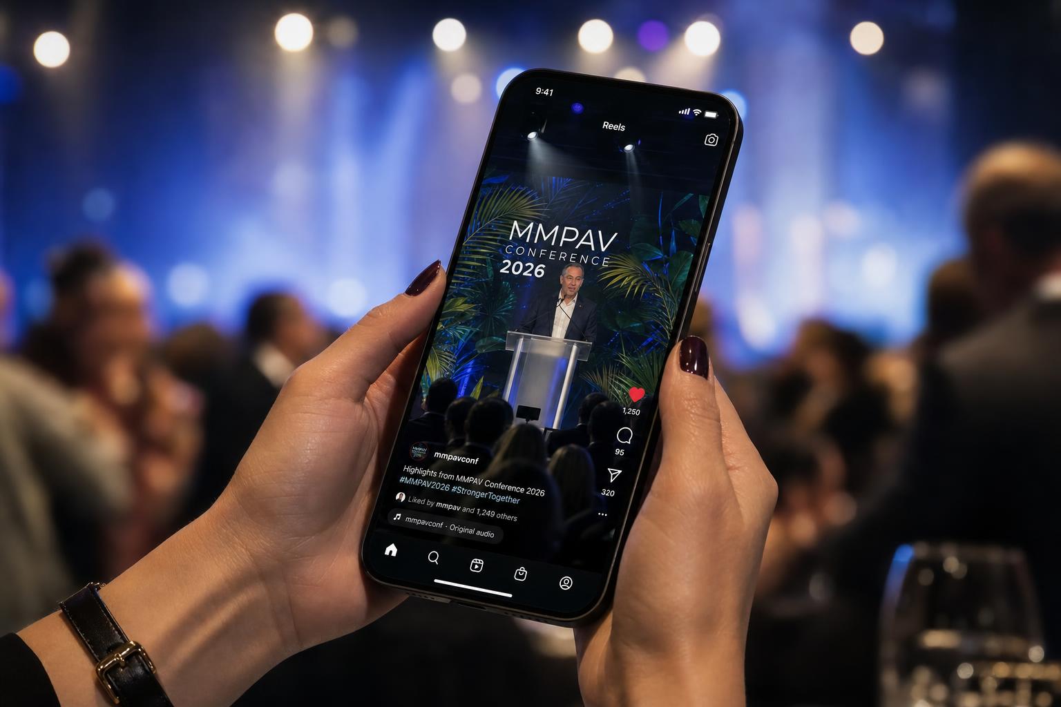 Multi-camera video crew filming a corporate keynote on a lit stage in Southern California