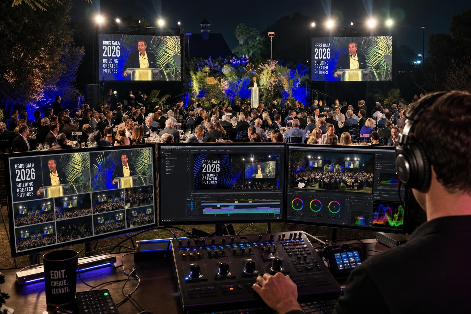Corporate video podcast interview being filmed at an event with studio lighting