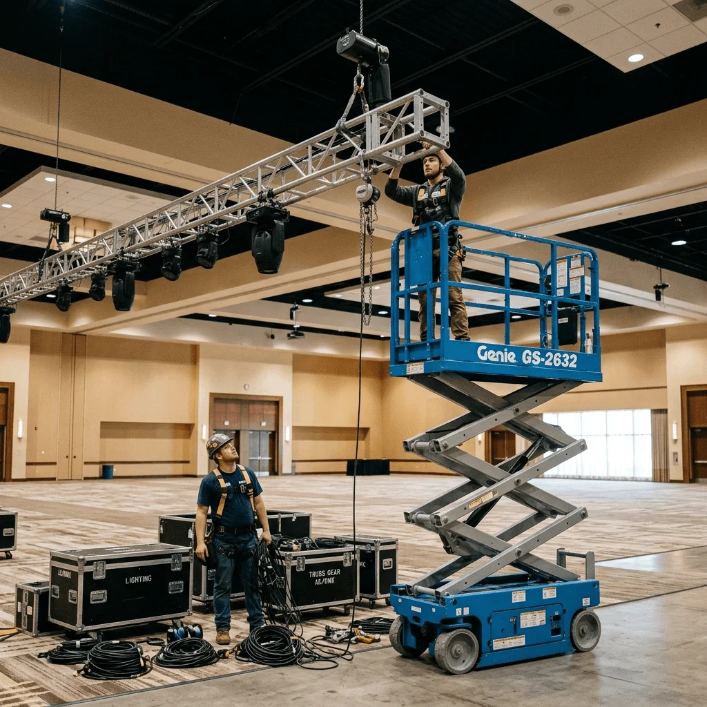 AV crew loading in equipment and running cable at event venue